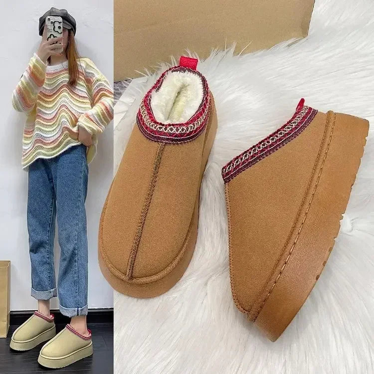 Women's Wool Slippers Warm Sheepskin Platform Shoes 2024