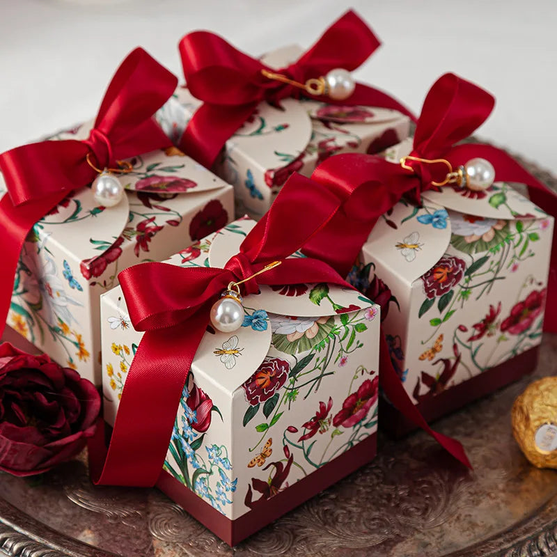 Mori Series Hand-Painted Plant Wedding Favor Candy Boxes 20 or 50 Pieces with Ribbon for Party Chocolate Packaging