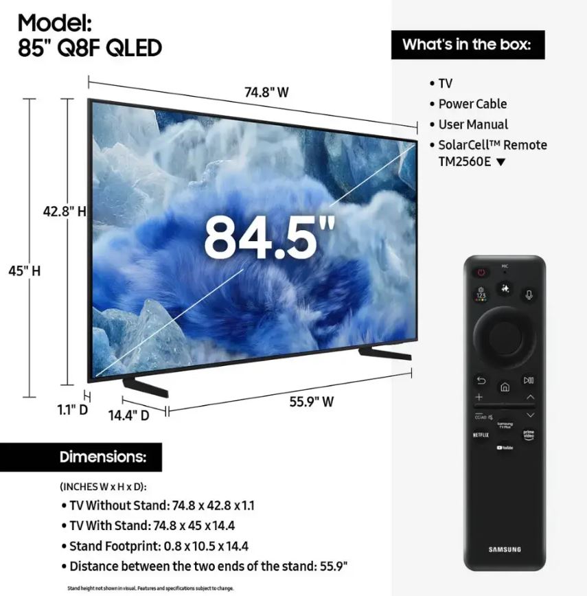 Samsung 85" Class Q8F QLED 4K UHD Smart TV with Tizen and Vision AI