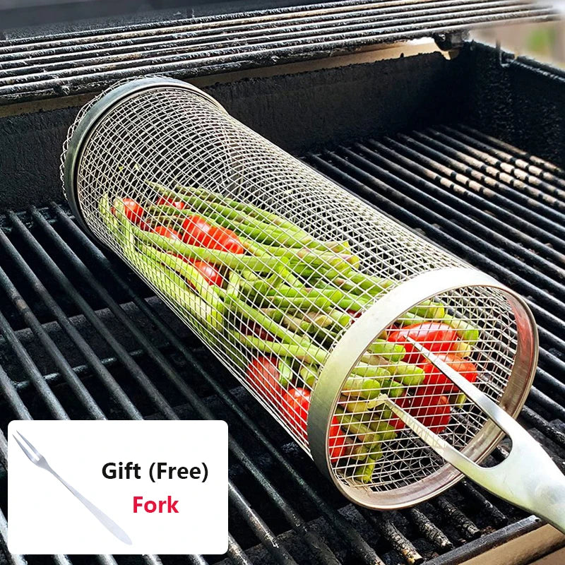 Rolling Grilling BBQ Basket Stainless Steel Leak proof Mesh Barbecue Rack Outdoor Picnic Camping Simple Cylindrical BBQ Grill