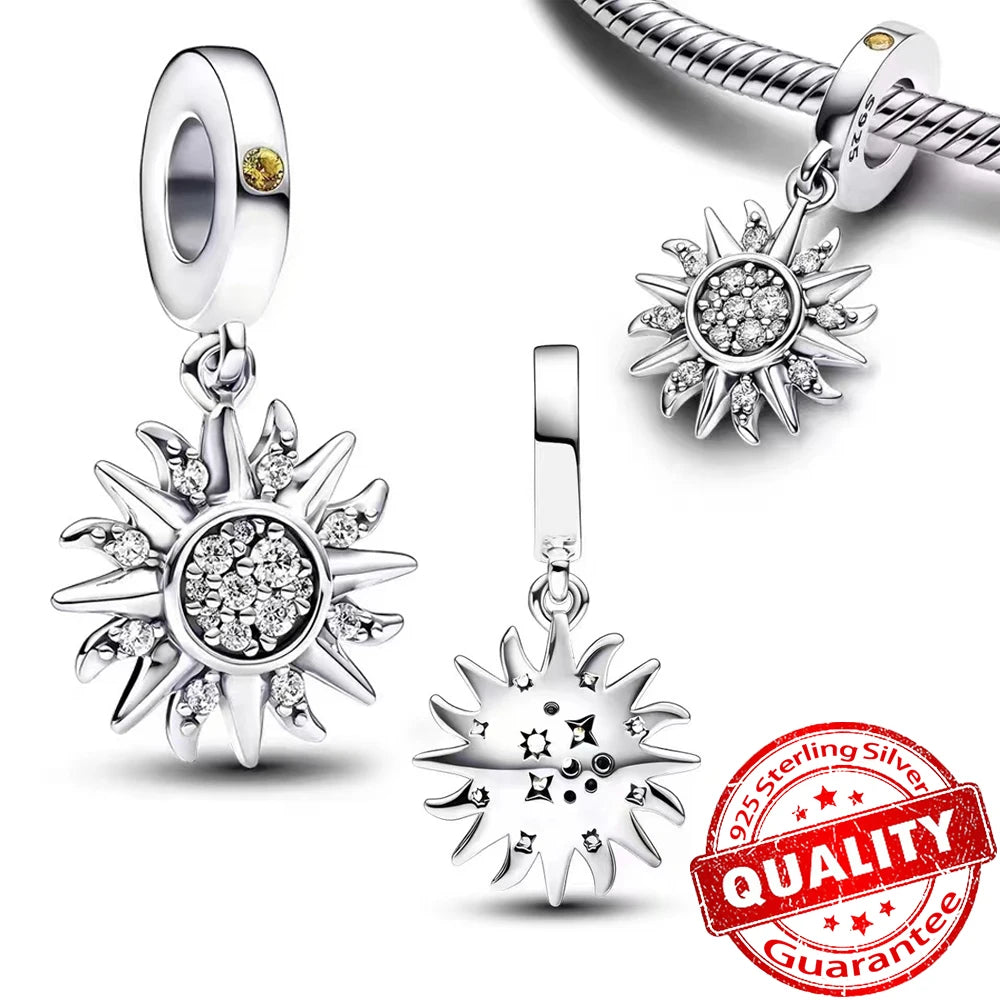 Authentic 925 Sterling Silver Charm Sparkling Star Moon Sun Pendant Jewelry Gift