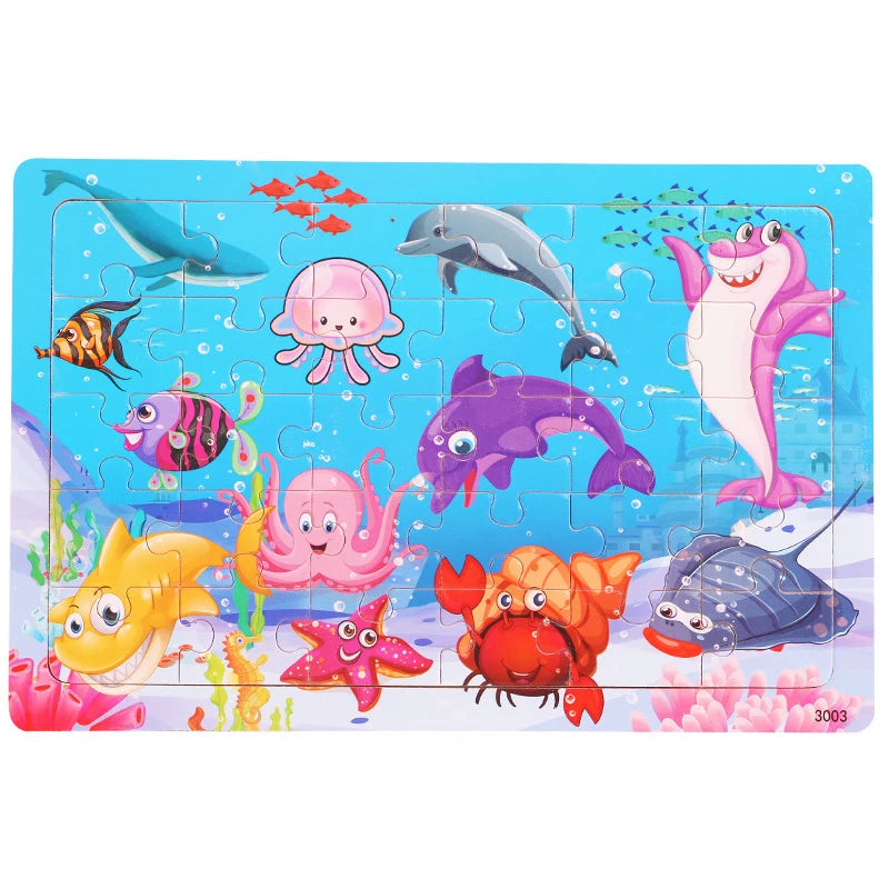 30 Pieces Wooden Jigsaw Puzzle Kids Cartoon Animal Vehicles