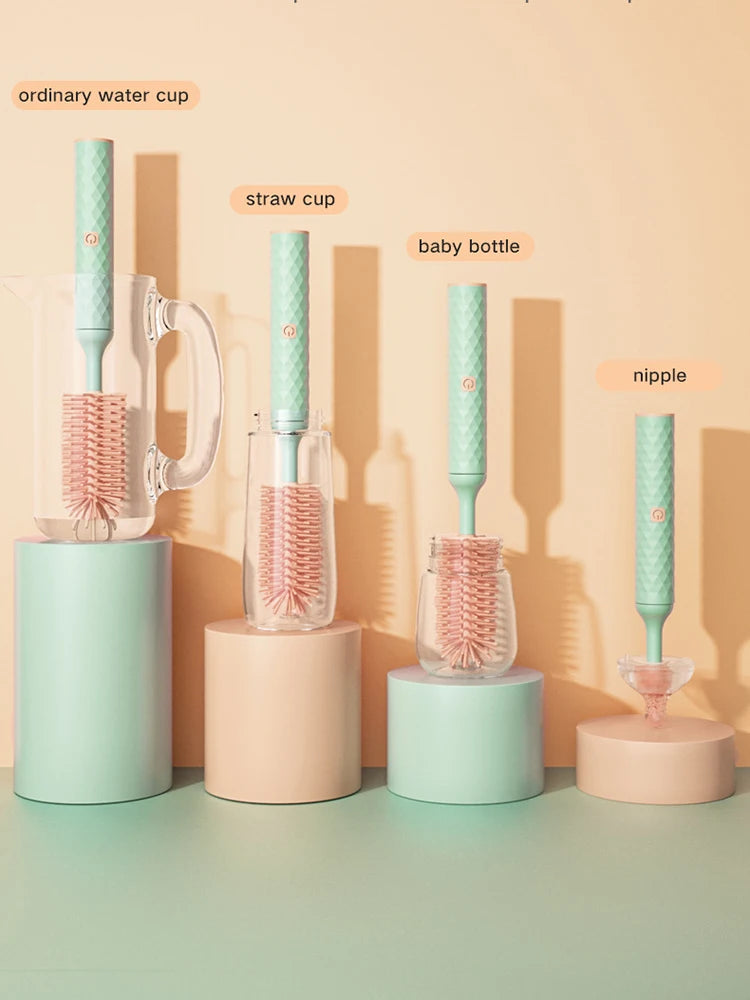 3 Pieces Electric Bottle Brush Set with 360 Degree Rotating Long Handle Waterproof Silicone Cleaning Brushes for Straws and Pacifiers