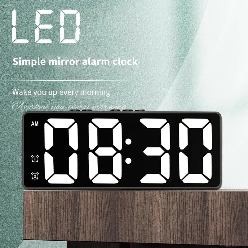 LED Mirror Table Clock with Digital Alarm and Snooze Function