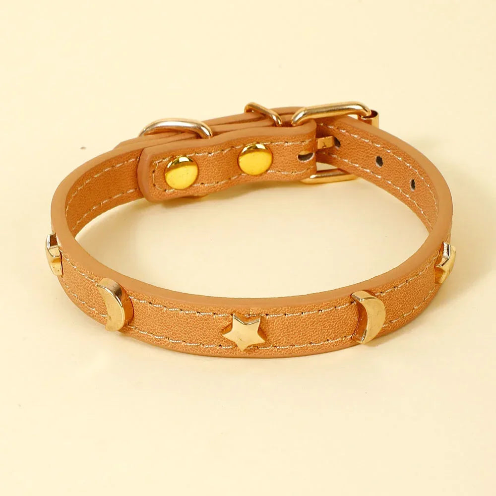 Cute Cat Collar Soft Leather Pet Collars For Small Dog Kitten Puppy Necklace Cat Accessories Star Moon Rivets Decoration XS-M