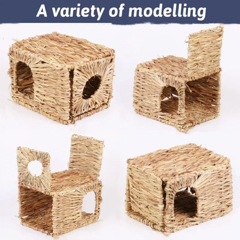 Grass House for Rabbit Foldable Woven Rabbit Cages Hamster Guinea Pig Grass Chew Toy Mat House Bed Nests for Animal Accessories
