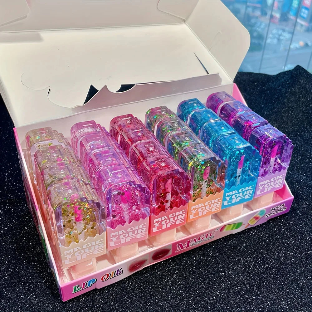 24 Piece Kawaii Cat Sequin Lip Oil Set Color Changing Love Shape Lip Gloss Natural Moisturizing Makeup Gift for Girls