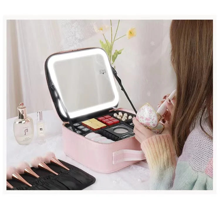 Smart LED Makeup Case with Mirror and USB Charging Waterproof Travel Cosmetic Bag for Women Portable Vanity with Adjustable Lighting