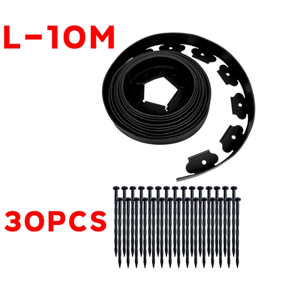 10M Plastic Garden Edging Border Kit with 30 Anchoring Spikes for Easy Installation and Durable Landscape Design