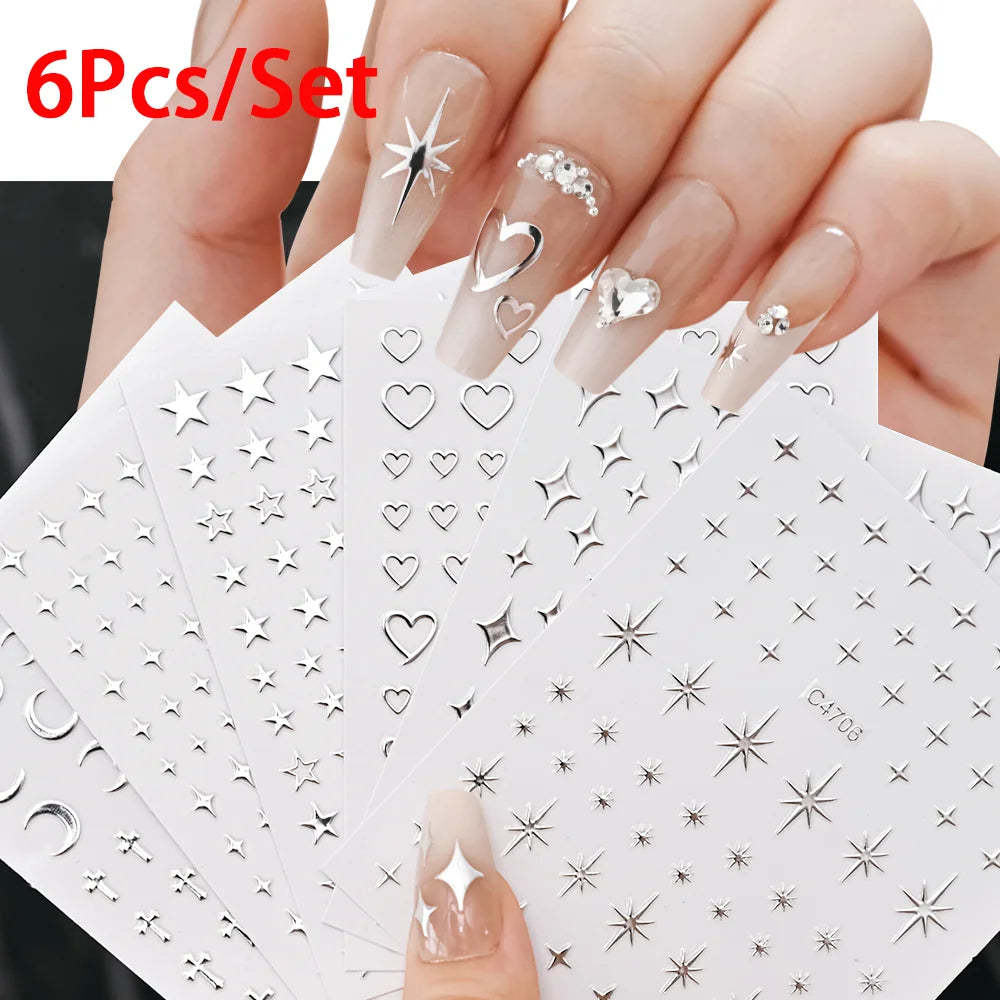 6Pcs/Set Metal Silver Star Heart Moon 3D Nail Art Stickers