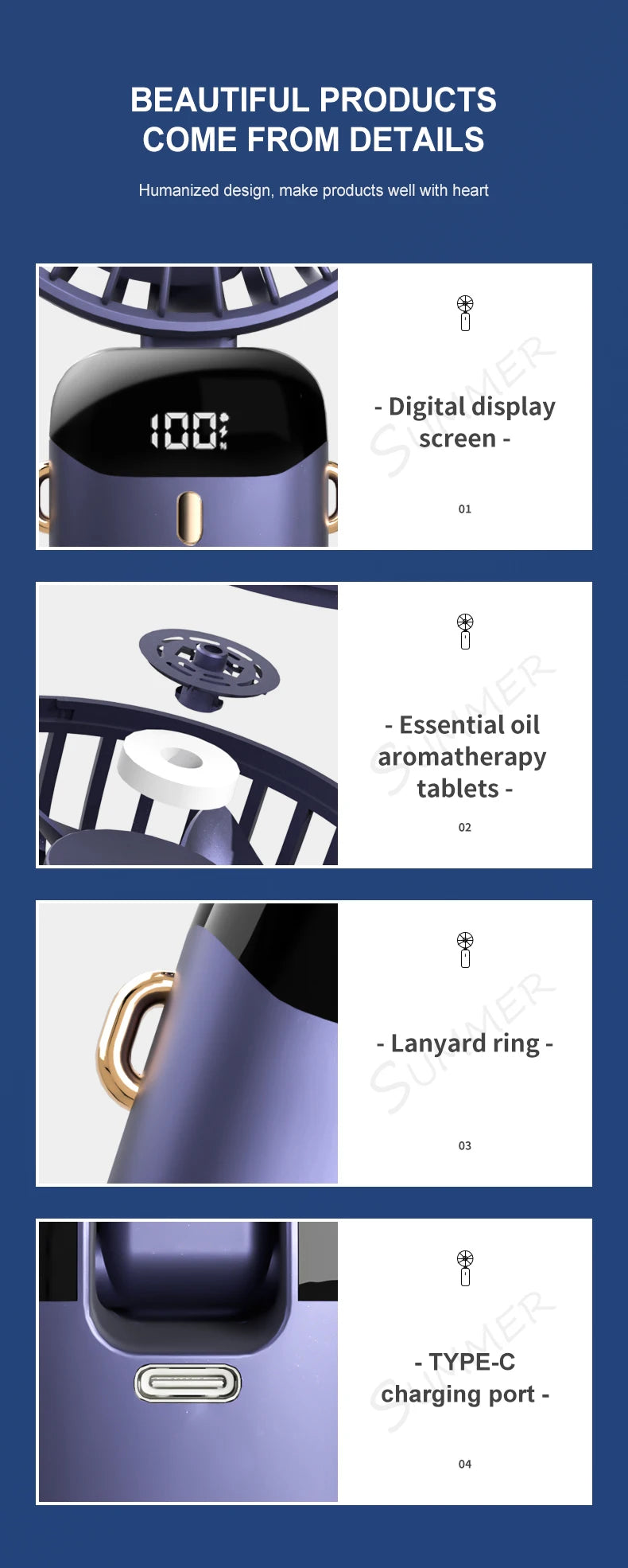 USB Handheld Mini Fan Foldable Portable Neck Hanging Fan 5 Speed Rechargeable with Phone Stand and Display Screen