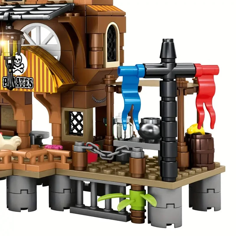 Creative Medieval Pirate Island Fortress Building Blocks Set with Adventure Ship and Log Cabin Model for Kids