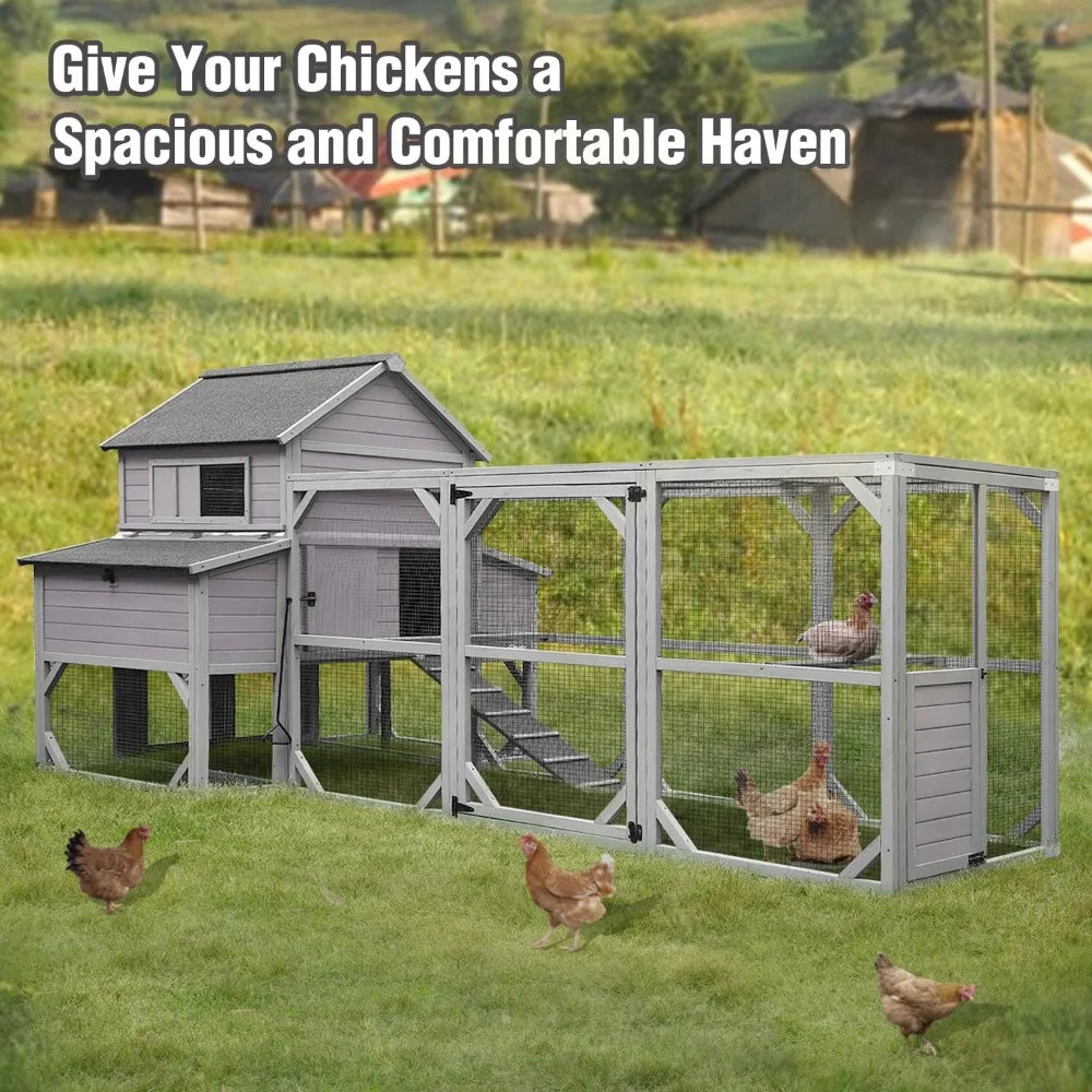 Large Chicken Coop with Run - Wooden Hen House with 6 Nesting Boxes and Removable Tray, 41.3ftΒ² Poultry Pet Hutch Run Cage with