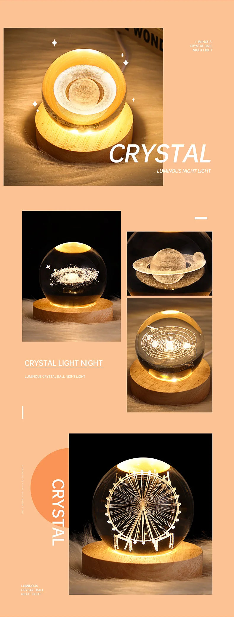 USB Night Light LED Crystal Ball Table Lamp 3D Galaxy Decor