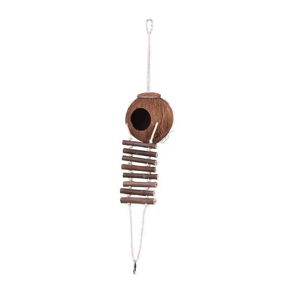 Comfortable Cute Design Natural Coconut Shell Bird Nesting House Small Size Pet Parakeets Finches Sparrows Cage With Ladder
