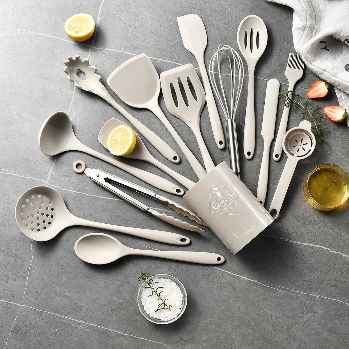 15 Piece Pink Silicone Kitchen Utensil Set with Storage Bucket Non-Stick Cooking Tools