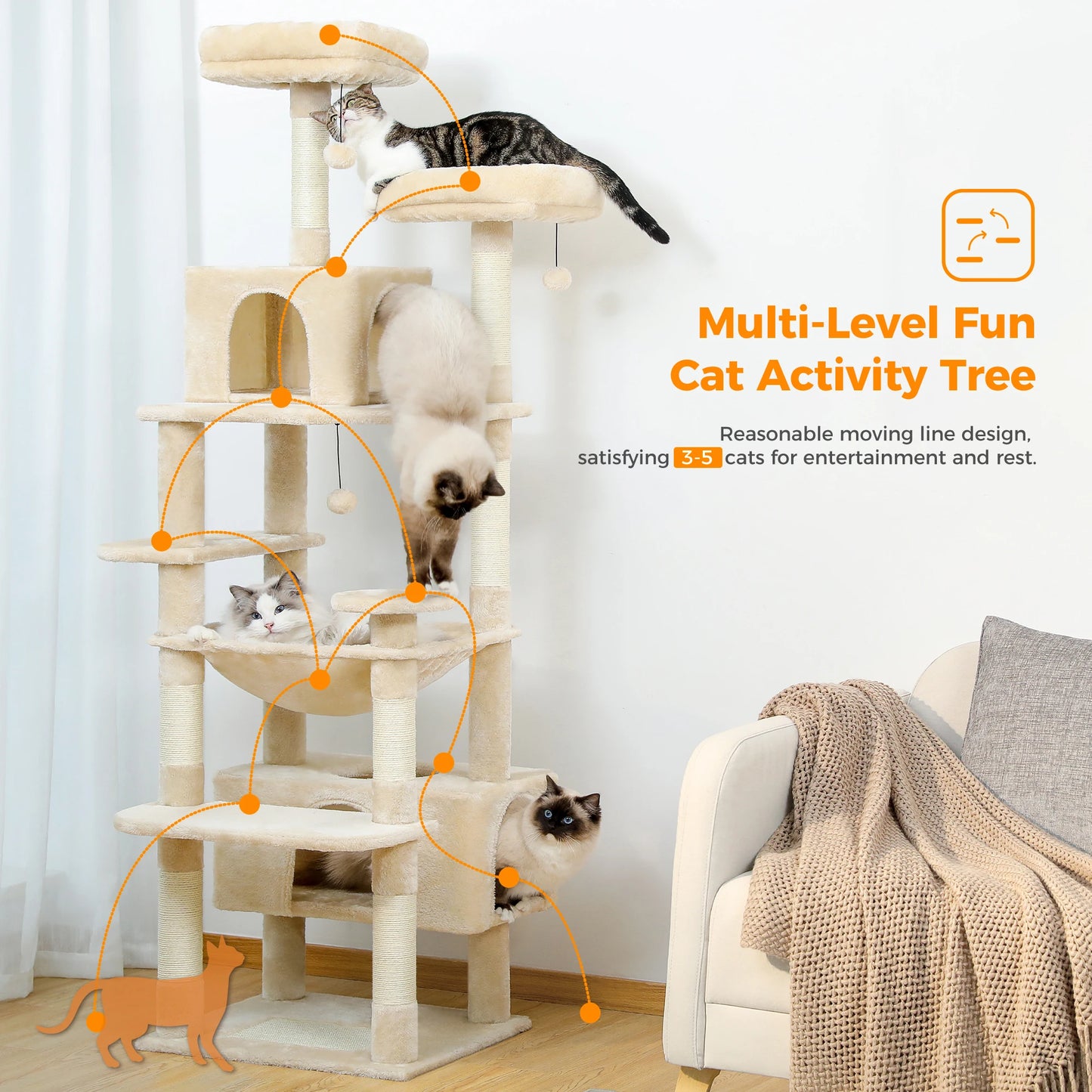 184cm Large Cat Tree and Tower for Indoor Cats With Scratching Posts and Spacious Hammocks