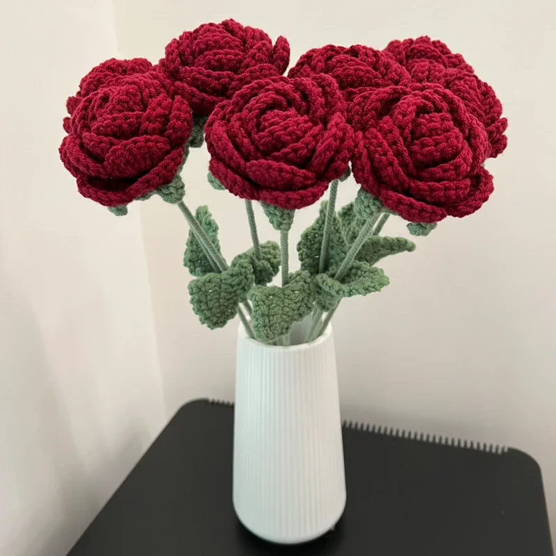 1PC Romantic Wine Red Knitted Rose Bunch for DIY Flower Crafts Home Decor
