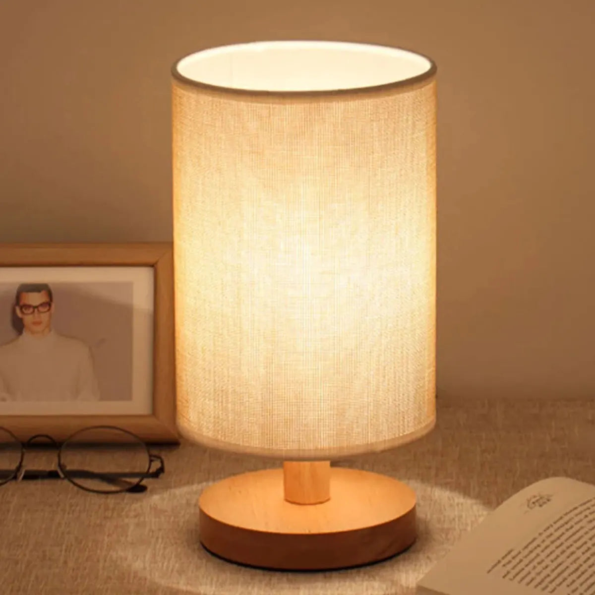 USB Wooden Bedside Lamp with Cylinder Shade Night Light for Bedroom Home Decor