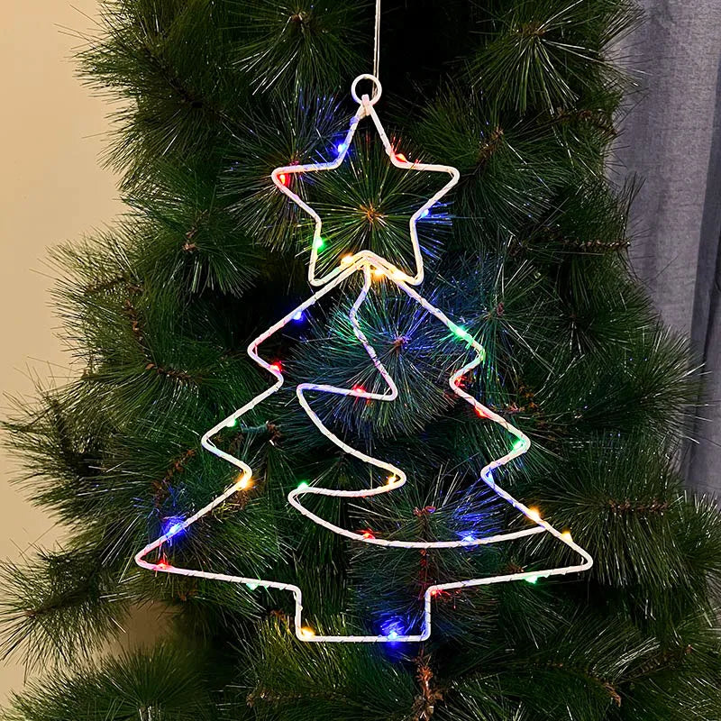 Xmas Tree Iron Frame LED Light String Window Hanging Ornament for 2024 Christmas and 2025 New Year Home Decoration