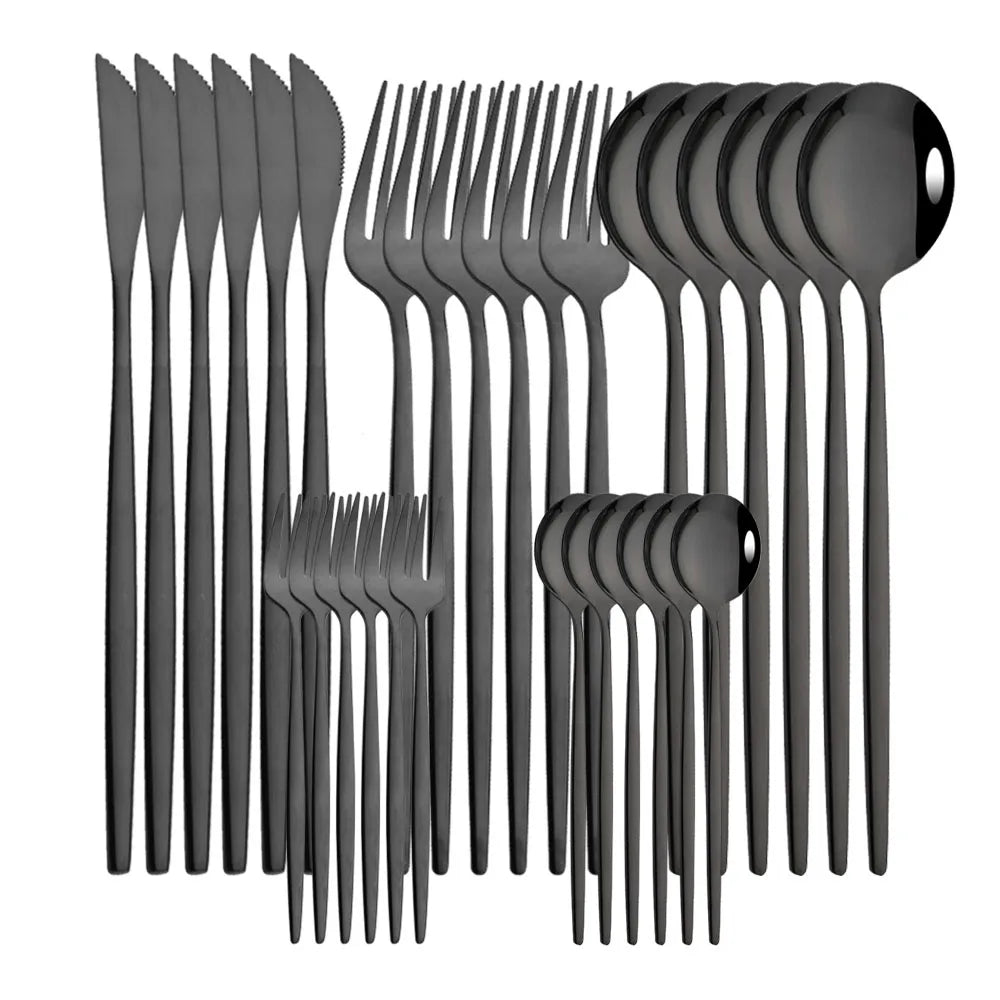 30 Piece Black and Gold Stainless Steel Cutlery Set Durable Dinnerware with Knives Forks and Spoons