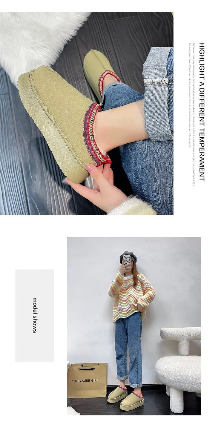 Women's Wool Slippers Warm Sheepskin Platform Shoes 2024