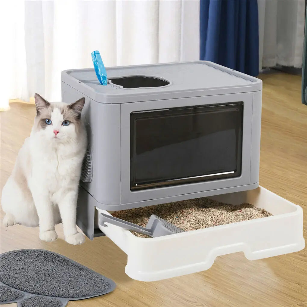 Foldable Cat Litter Box with Massager Scoop and Dual Access