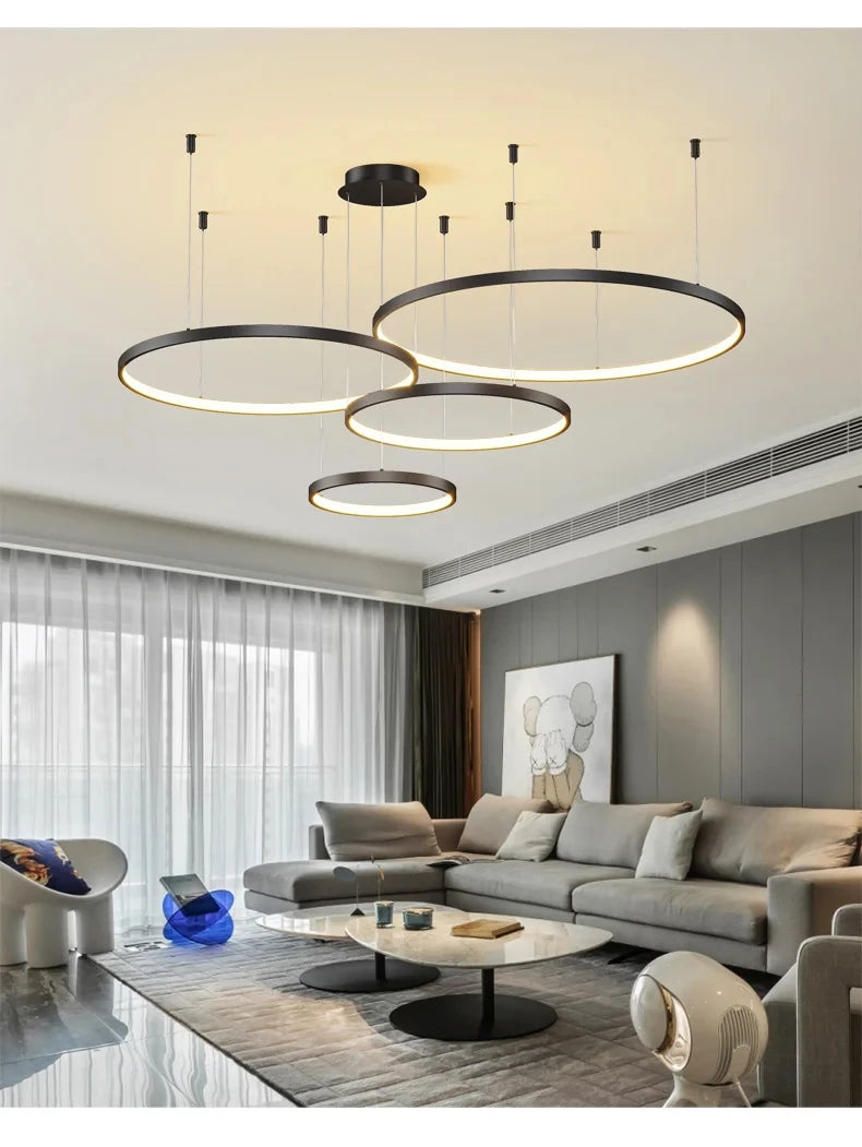 Black Rings Modern Minimalist Dimmable Pendant Light for Living Room and Restaurant Remote Control Chandelier Home Decor