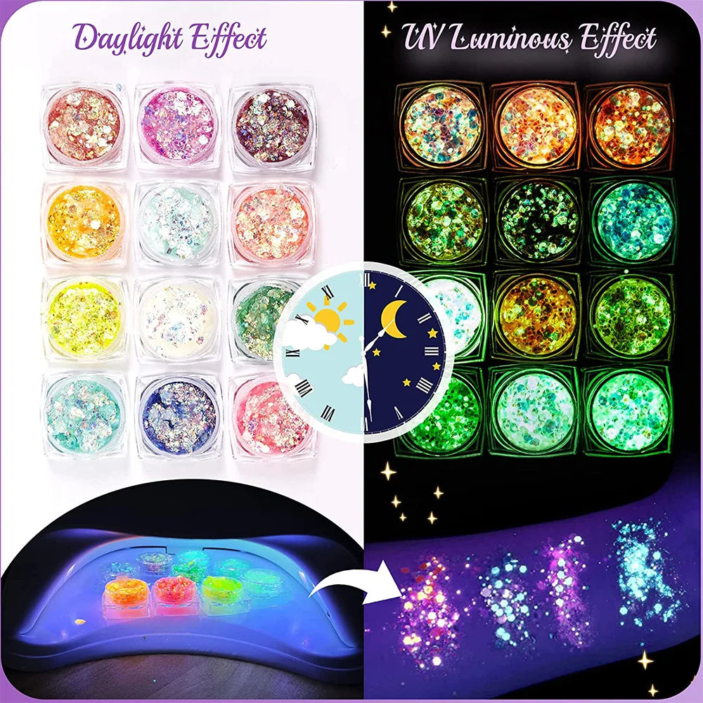 12 Colors Glow in The Dark Glitter Gel Makeup for Festivals and Parties UV Body and Face Glitter