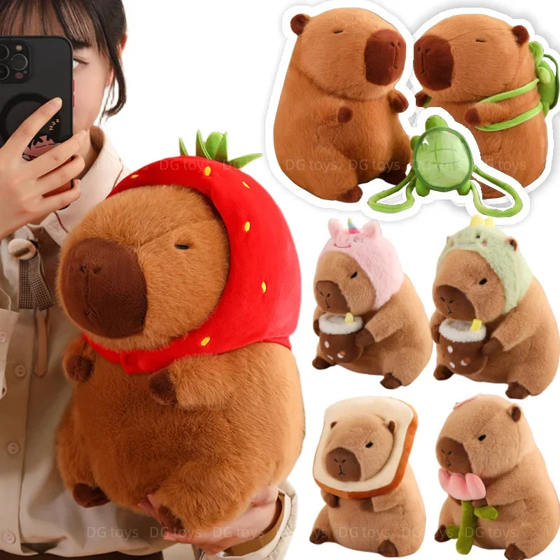 Strawberry Hat Capybara Plush Toy with Turtle Backpack Pendant