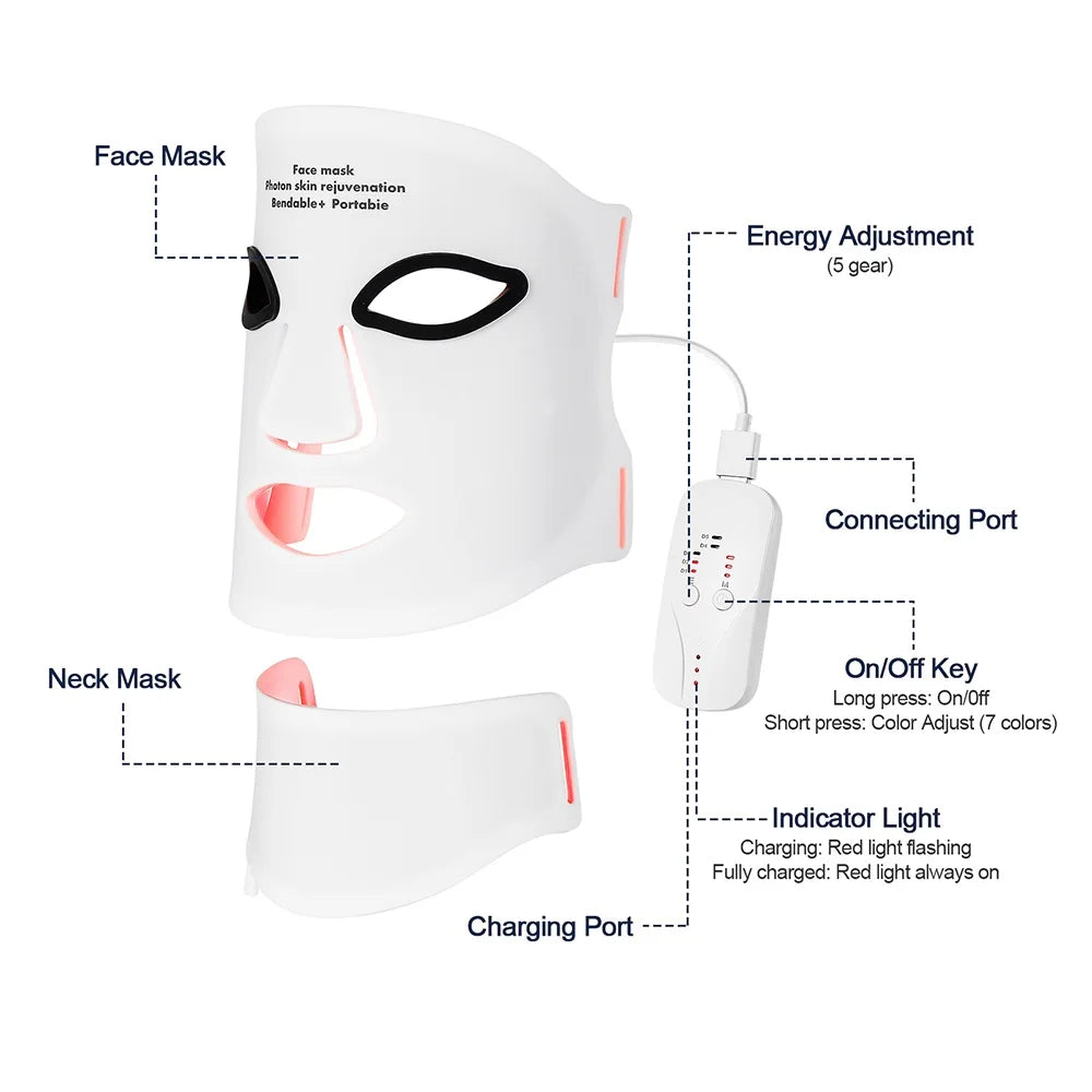 Silicone LED Mask Face With Neck 7 Colors Photon Therapy