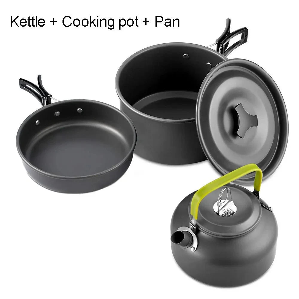 Camping Cookware Set for 2 to 3 People with Non-Stick Pots and Teapot Kit