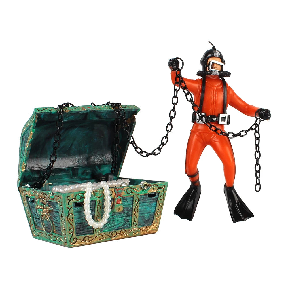 Treasure Chest Fish Tank Decorations Treasure Hunter Aquarium Decoration Accessories Diver Action Figure Fish Tank Ornament