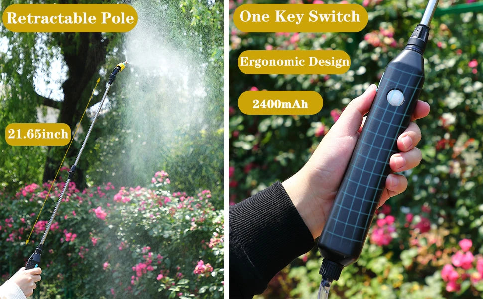 Pulverizador de jardinería eléctrico portátil, herramienta de riego, recargable por USB, 2400 mAh, mango telescópico con 3 boquillas para plantas de jardín