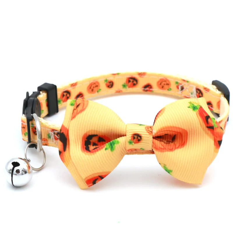 Puppy Kitten Necklace Adjustable Safety Buckle Strap Chihuahua Bow Tie Pet Supplies Happy Halloween Cat Collar with Bell Bowknot