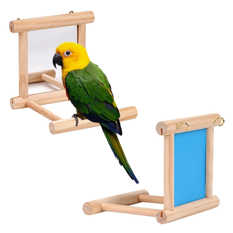 Bird Mirror Wooden Interactive Play Toy With Perch For Small Parrot Budgies Cockatiel Parakeet Conure Lovebird Cage Accessories