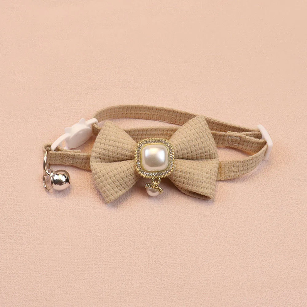 New Waffle Pet Collar Cute Bow Bell Cat Collar Retro Pearl Pendant Dog Collar Accessories