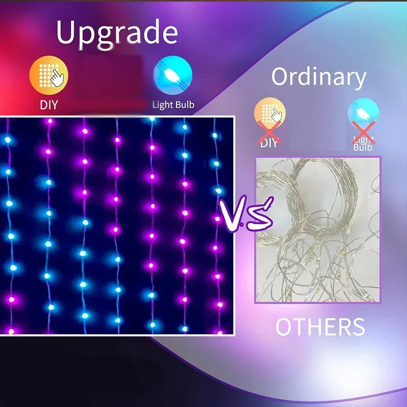 Smart Curtain Lights Bluetooth App Control RGB LED String Waterproof Fairy Light USB DIY Text Display for Party Decor