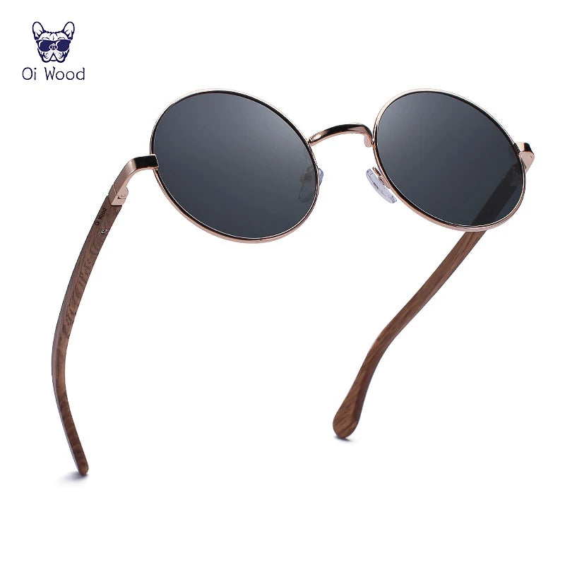 Oi Wood Retro Round Sunglasses For Men Women Polarized Blue Mirror Eyewear 8024