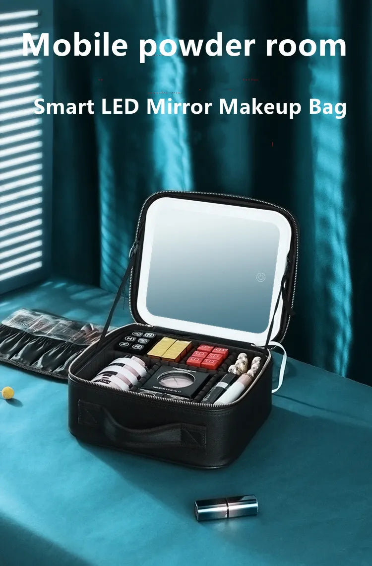 Smart LED Makeup Case with Mirror and USB Charging Waterproof Travel Cosmetic Bag for Women Portable Vanity with Adjustable Lighting