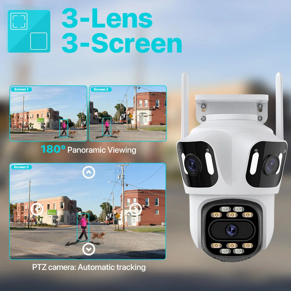 Three Lens 6K HD Outdoor PTZ IP Camera with Auto Tracking and WiFi Dual Lens Wireless CCTV Security System