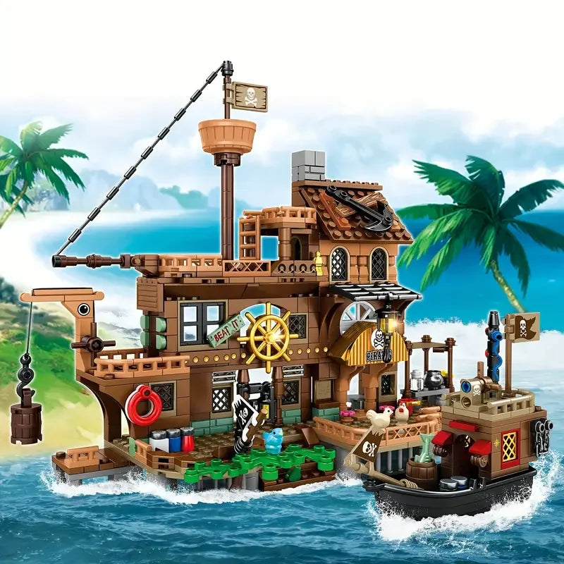 Creative Medieval Pirate Island Fortress Building Blocks Set with Adventure Ship and Log Cabin Model for Kids