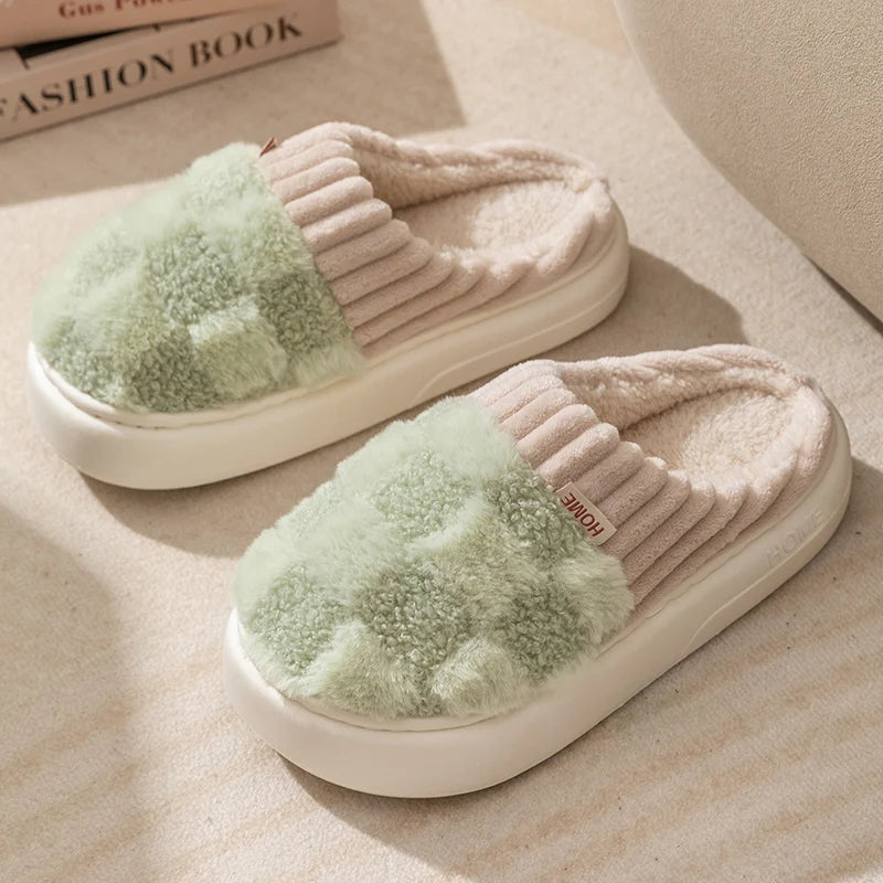 Fashion Couple Winter Toe Wrap Warm Plaid Cotton Slippers