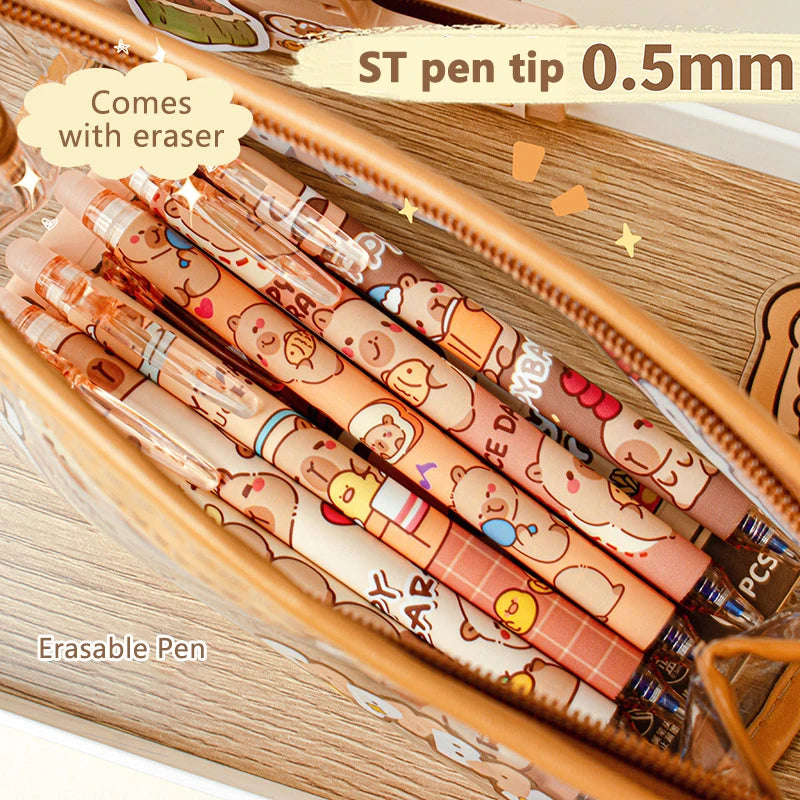 6Pcs Cute Capybara Erasable Pens Blue Ink Quick-Drying Stationery