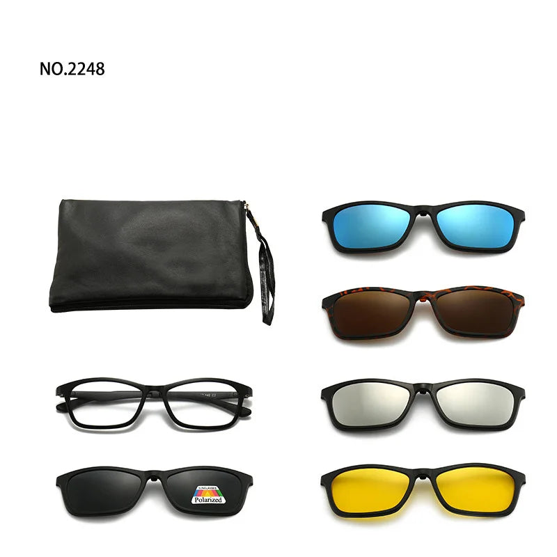 6 In 1 Spectacle Frame Men Women with Clip On Polarized Sunglasses