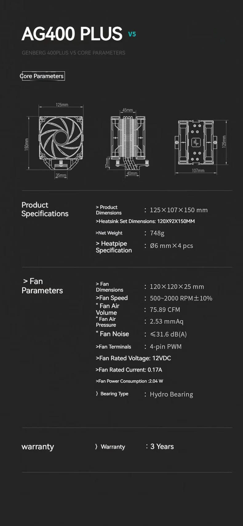 DEEPCOOL AG400 CPU Air-Cooling Radiator 4 Heat Pipes Dual Fan 2000RPM for Intel LGA1700 1200 115X AMD AM4