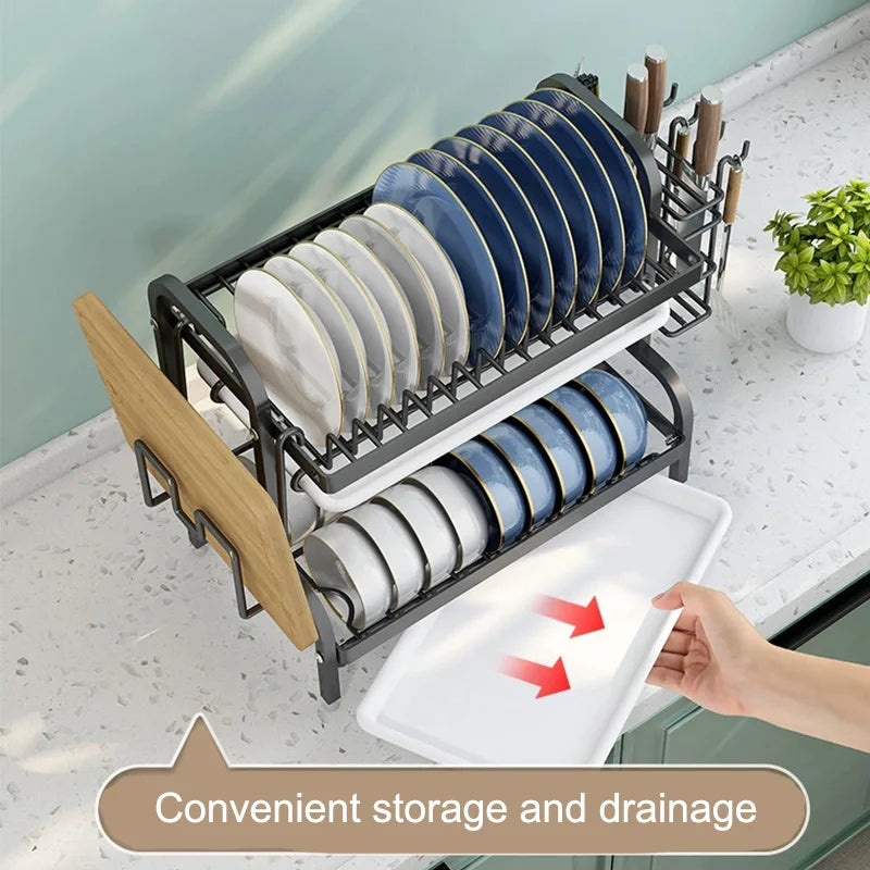 2-Tier Compact Dish Drying Rack Set with Drainboard Large Rust-Proof Dish Drainer and Utensil Holder for Efficient Kitchen Organization