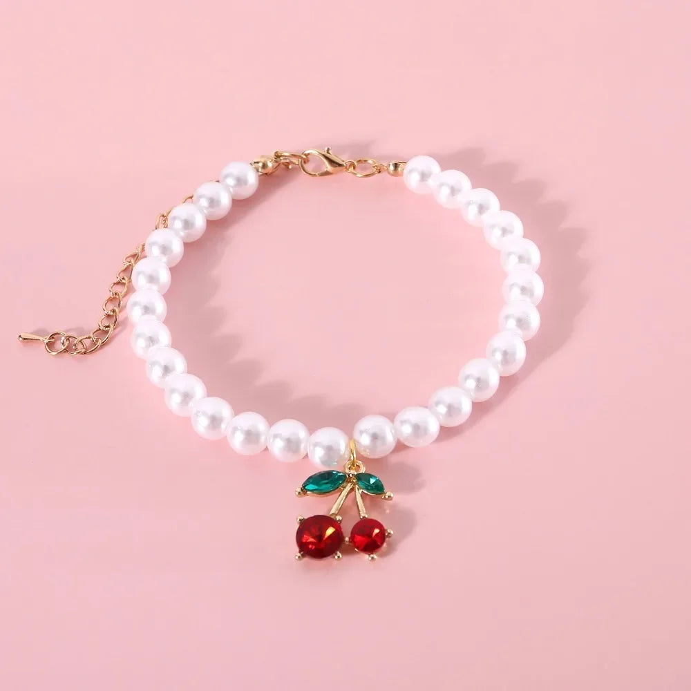 Pet Princess Style Pearl Cherry Love Bow Pendant Necklace Cat Bichon Dog Birthday Ins Wind Collar
