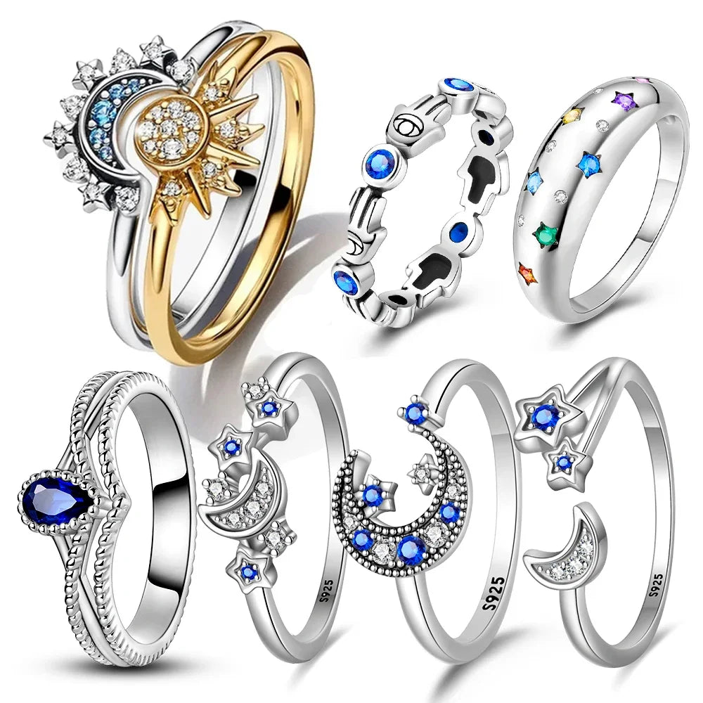 Original Sterling Silver 925 Ring Star Moon Rope Double Layer Gift