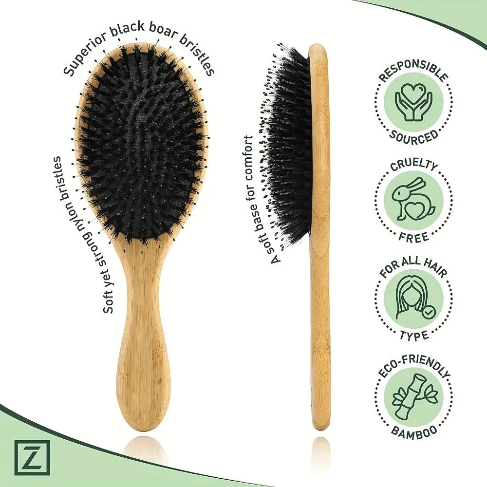 Natural Boar Bristle Hair Brush with Bamboo Handle and Scalp Massage